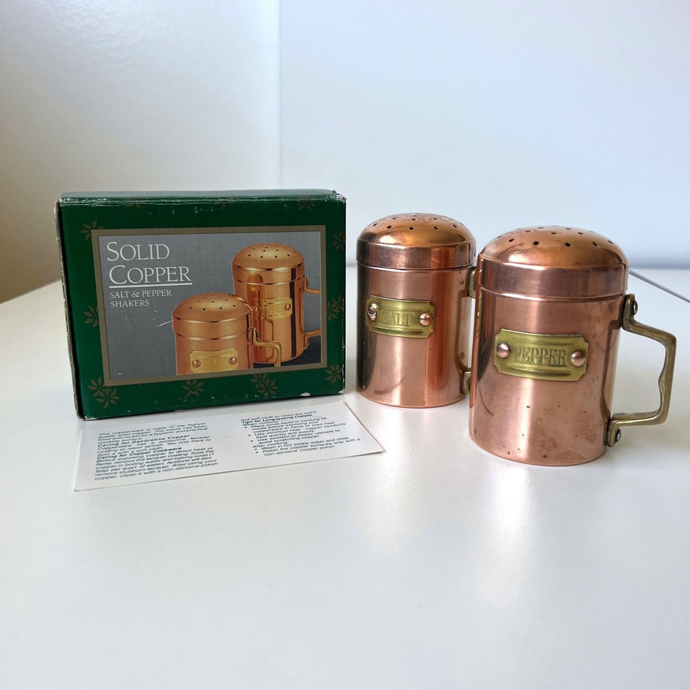 Vintage Solid Copper Salt & Pepper Shakers Brass Handles Boxed Made in Korea